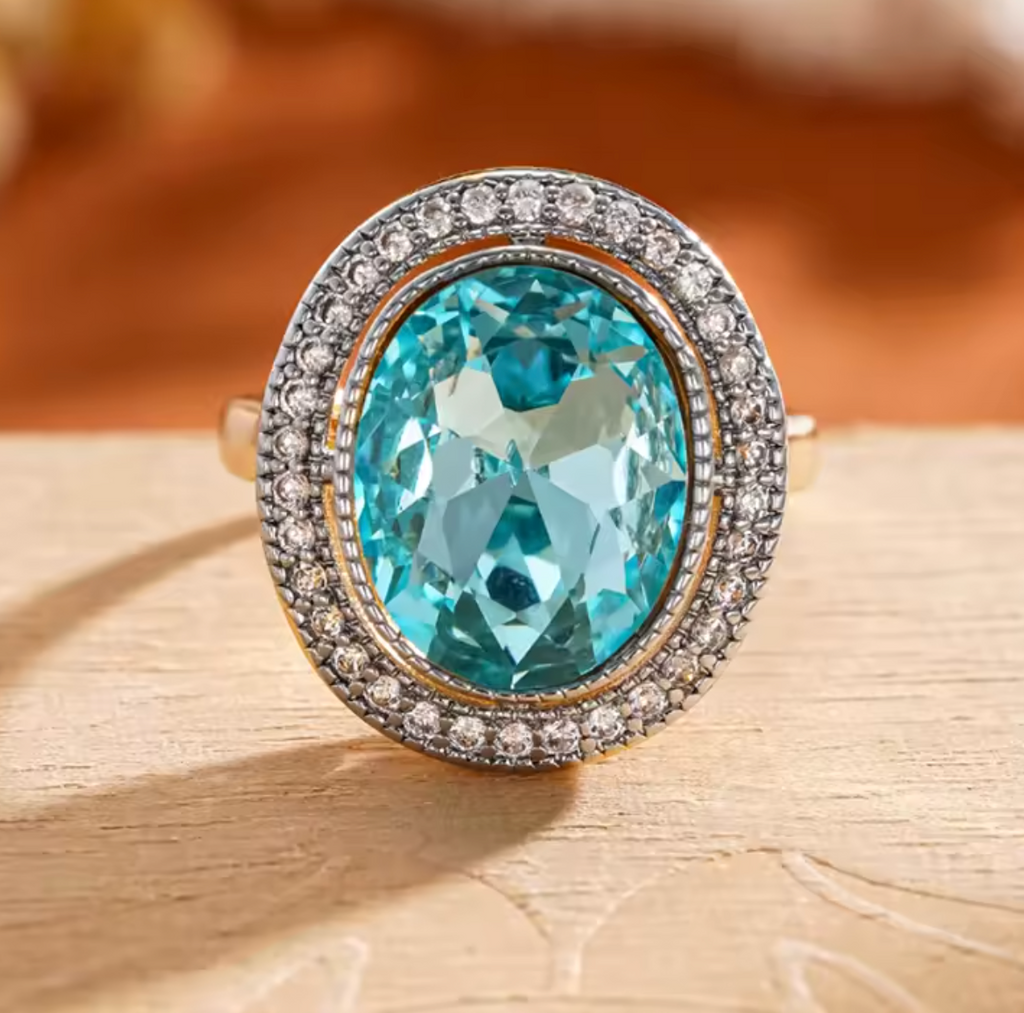 Luxury Two-Tone Blue Cubic Zirconia Oval Ring for Women