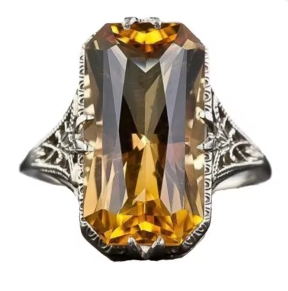Vintage Citrine Ring for Women with Hollow Carved Design