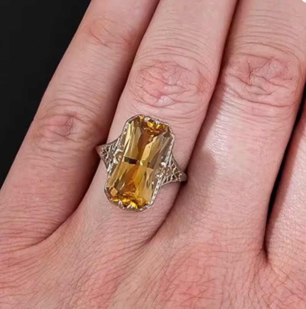 Vintage Citrine Ring for Women with Hollow Carved Design