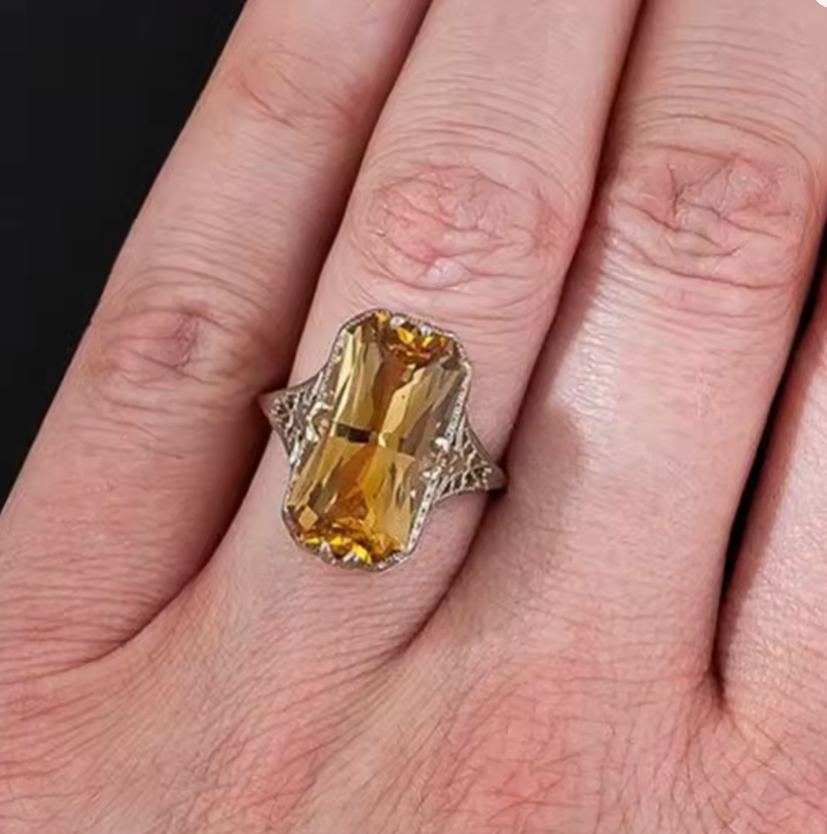 Vintage Citrine Ring for Women with Hollow Carved Design