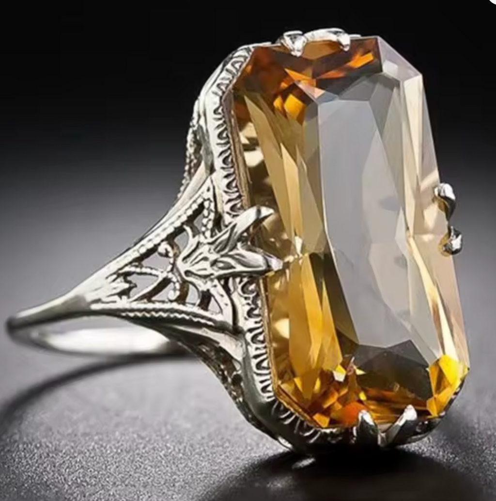 Vintage Citrine Ring for Women with Hollow Carved Design