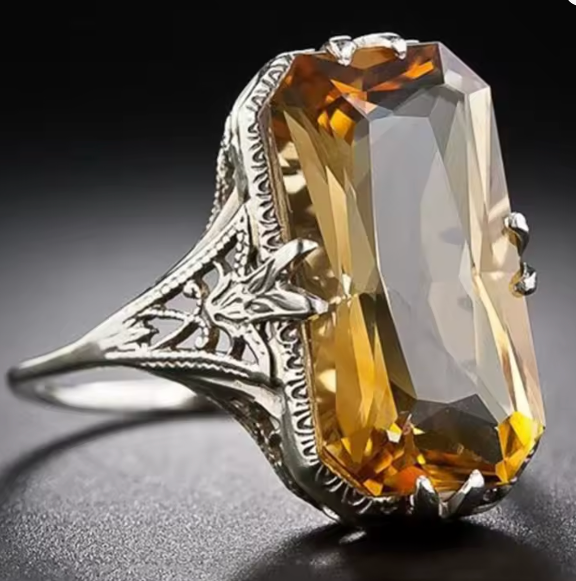 Vintage Citrine Ring for Women with Hollow Carved Design