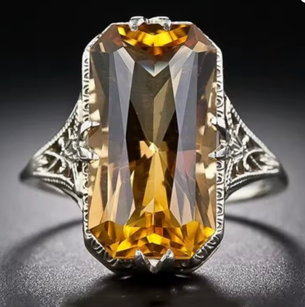 Vintage Citrine Ring for Women with Hollow Carved Design