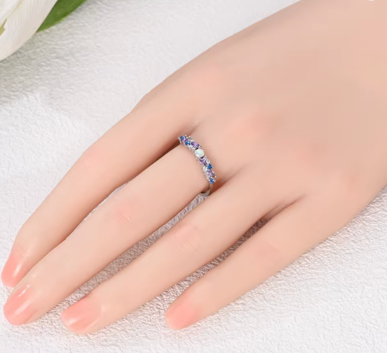 925 Sterling Silver Ice-Blue Purple Opal Ring for Women