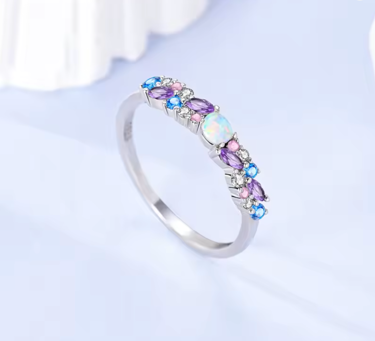 925 Sterling Silver Ice-Blue Purple Opal Ring for Women