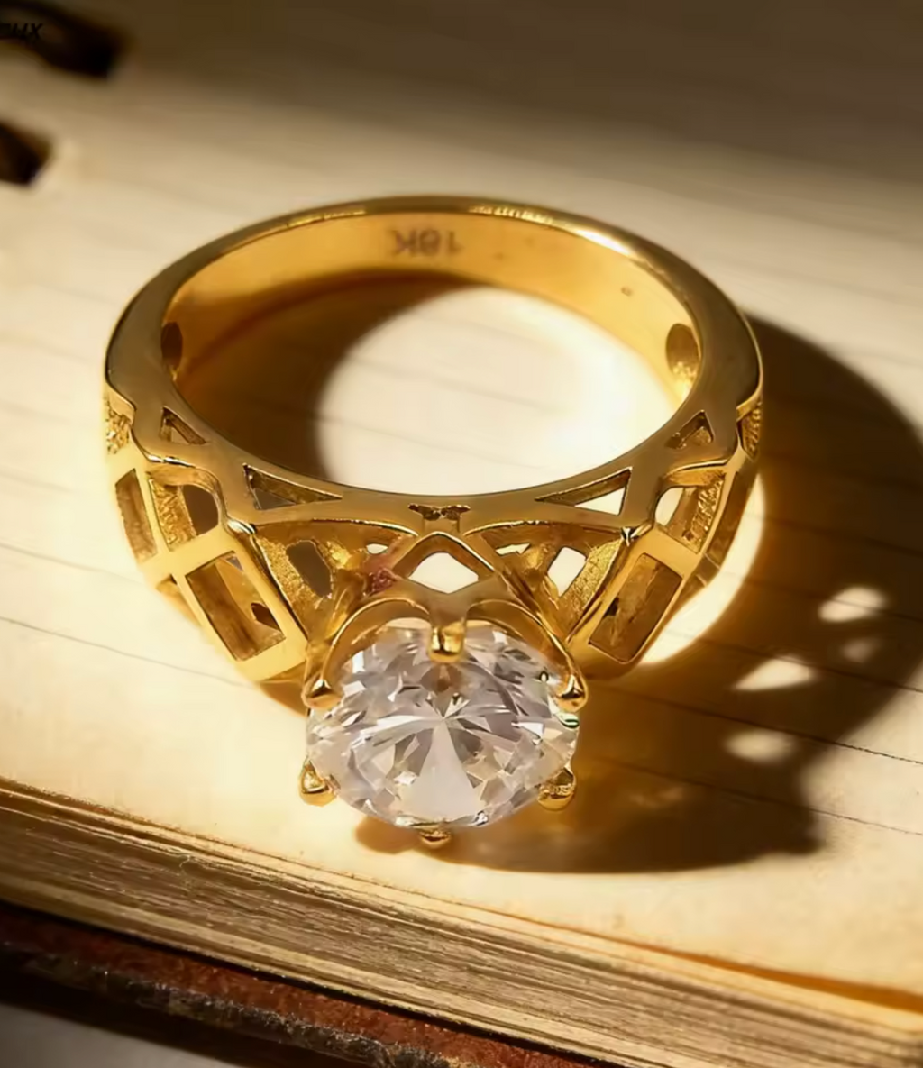 Gold Color Cubic Zirconia Chic Stainless Steel Ring for Women