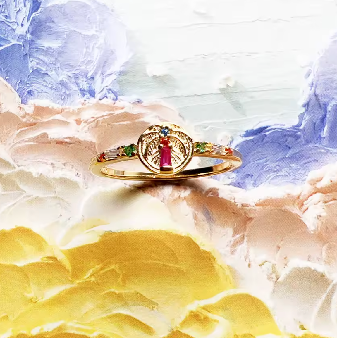 925 Sterling Silver Boho Palm Tree Ring with Colorful Gold Finish for Women