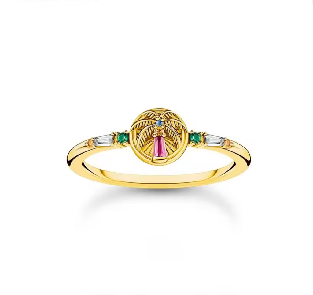 925 Sterling Silver Boho Palm Tree Ring with Colorful Gold Finish for Women